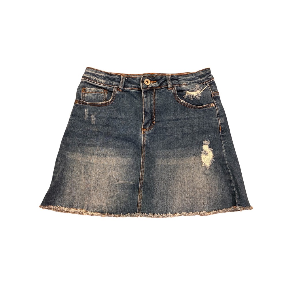 Zara Girls Blue Distressed Denim Mini Skirt Frayed Hem Size 11/12 Medium Wash